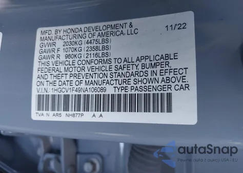 2022 Honda Accord Sport Special Edition z USA, uszkodzony, nr VIN 1HGCV1F49NA106089